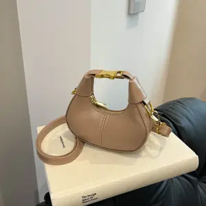 Pink Rhinestone Crescent Mini Crossbody Bag, Minimalist Solid Color Half-Moon Shoulder Purse with Metal Handle, Portable Y2K Style Hobo Bag for Women Daily & Party