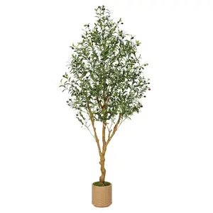 7FT 8FT Faux Olive Tree, Potted Fake Plant with Wood Trunk & Lifelike Fruits, Available with Planter & Straw Pot for Home Office Decor Home Decoration