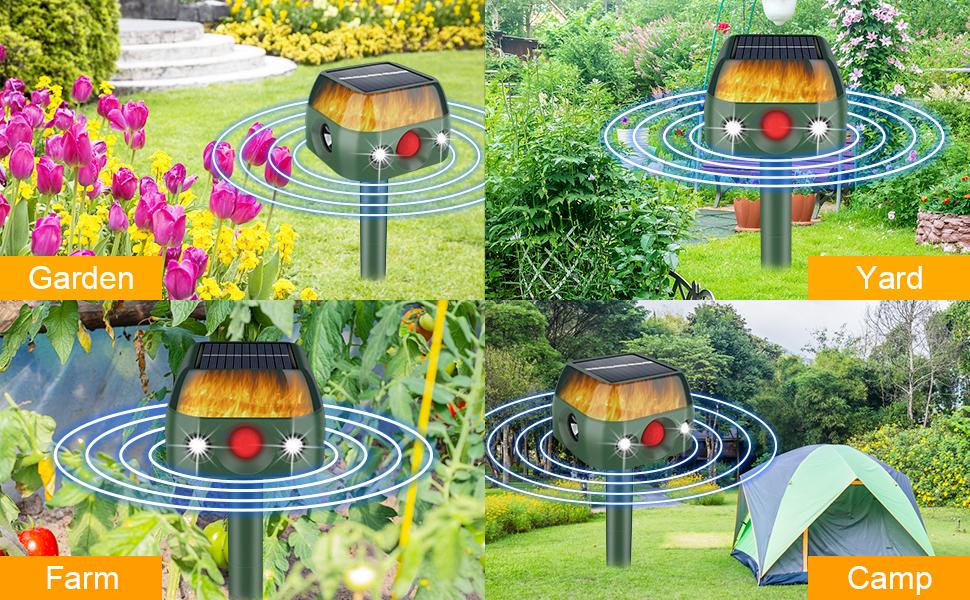 2026 Upgraded Solar-Powered Animal Repeller with Soundwave technology Flame Light & Motion Sensor - 360° Infrared Sensing, 5 Modes, Dog & Wildlife Deterrent for Birds, Skunks, Rabbits, Squirrels, Deer, Soundwave technology Solar Animal Repellent