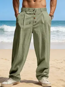 Men's Linen Long Pants, Casual Loose Fit Breathable Beachwear, Drawstring & Decorative Buttons, Spring Summer Fall Outdoor Travel