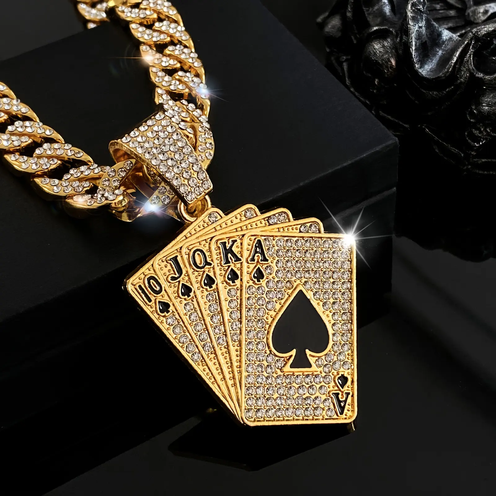Gold Ace of Spades Pendant Necklace with Cuban Link Chain, Casual Poker Theme Metal Coated Chain Jewelry for All Seasons, Casual Wear, Ace Spade, Unisex, Chain & Link