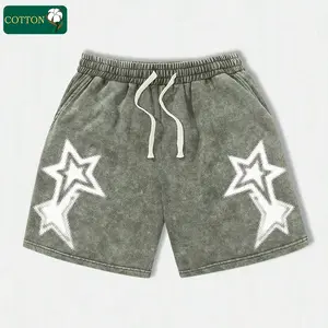 Men’s summer cotton athletic shorts with a star print, washed for a distressed look; casual loose fit with a drawstring waist and pockets; street style, 2000s aesthetic. Suitable for running, golf, fishing, basketball, camping, gym, swimming, and the beac