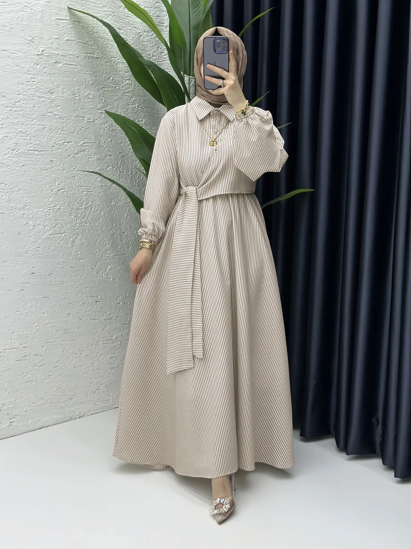 Women's Casual Long Abaya Dress, Woven Fabric, Fitted Design, All-Season Wear, Striped Texture Cotton Dress for Muslim Women, Modest Muslim Clothing, Hijabi Cute Dresses, Modest Style Dress, Modest Abaya Dress