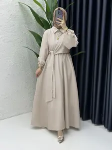 Women's Casual Long Abaya Dress, Woven Fabric, Fitted Design, All-Season Wear, Striped Texture Cotton Dress for Muslim Women, Hijabi Cute Dresses, Modest Abaya Dress