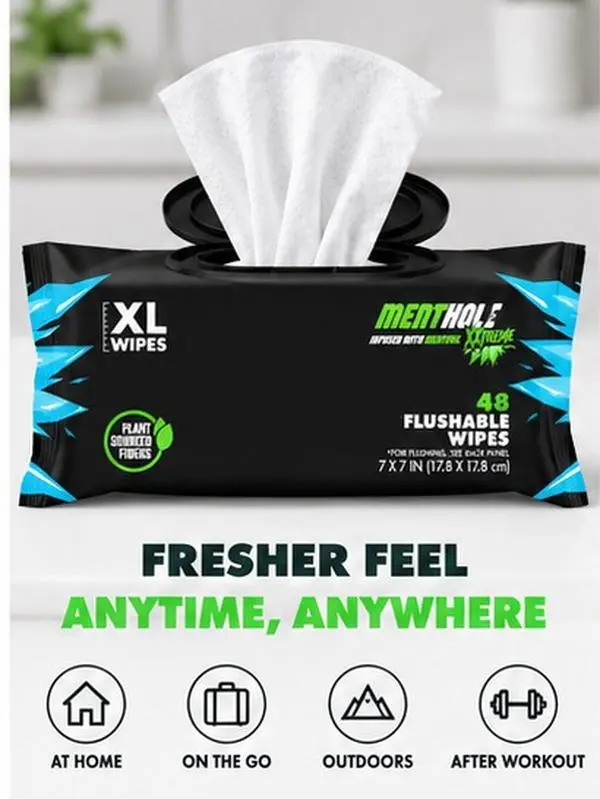 Adult Flushable Wet Wipes, 48 Count Extra Large Cooling Personal Hygiene Wipes with Menthol, Vitamin E & Aloe, Septic Safe Bathroom Wipes