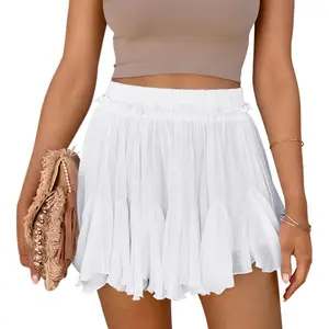 Women's Flowy Shorts Casual Linen Boho Ruffle Mini Skirts Pleated High Waist Cute Butterfly Skorts with Pockets Summer Trendy