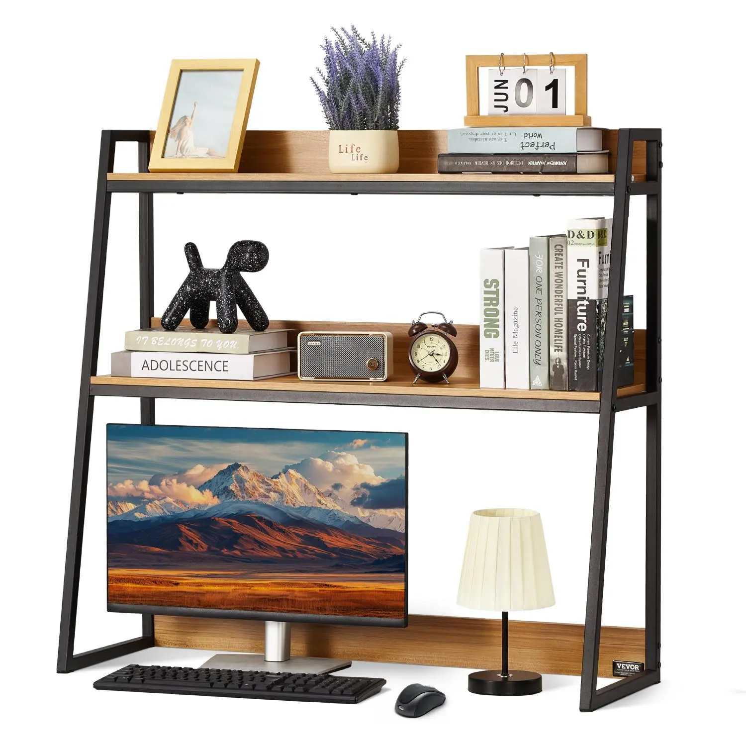【summerfinds】VEVOR Desktop Bookshelf, 2-Tier Desktop Storage Organizer, 37.4" x 12.6" x 35.4" Office Storage Rack Wood Color Display Shelf, Desktop Bookshelf Hutch with Anti-Slip Feet Pads, for Office, Home & Dorm