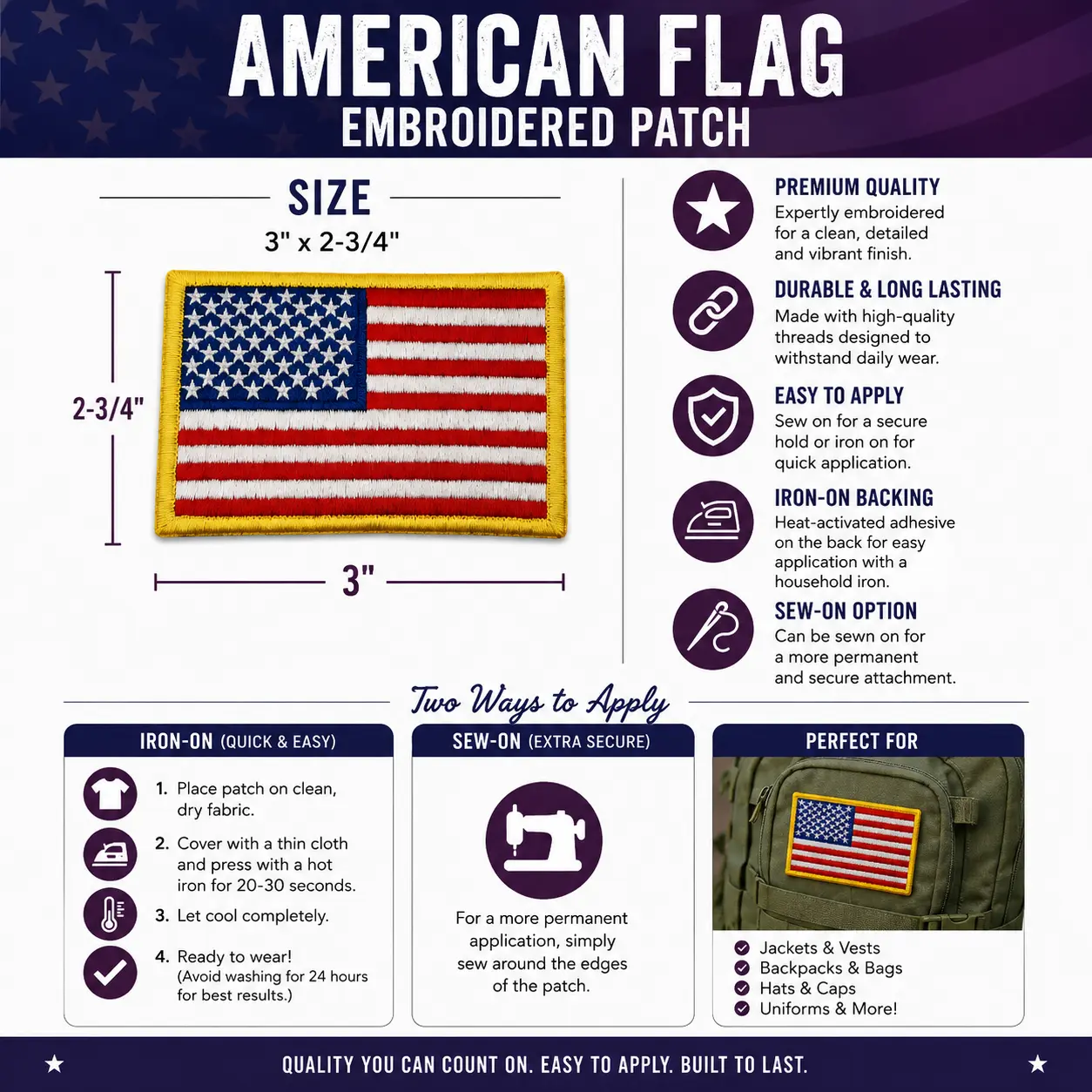 10-Pack Embroidered American Flag Patches, 3" x 2-3/4" Iron-On & Sew-On Sewing Supplies for Fabric Decor