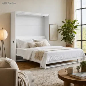 Sturdy Queen Size ARCH Murphy Wall Bed Frame with USB Port - White Space-Saver Indoor Furniture for Apartments, Studio Apartments, Sturdy Bed Frame