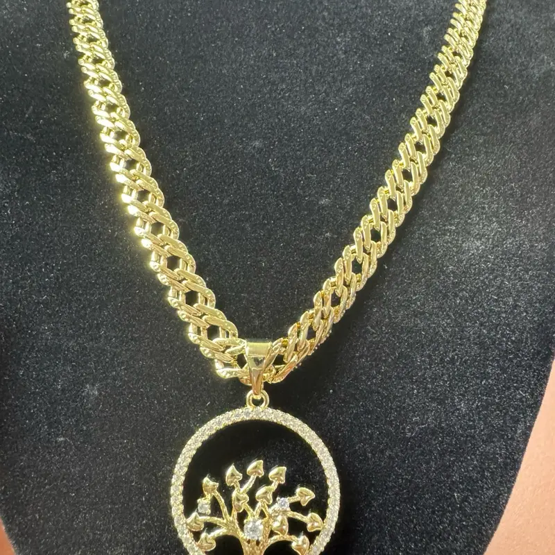 Hammered chain 5mm cut -finish Necklace with Zircon Tree of Life Pendant