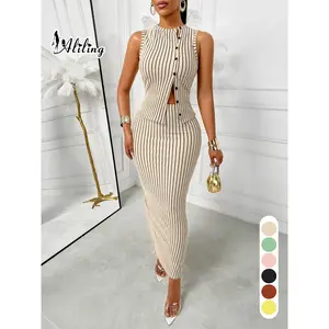 Aliling Striped Print Women's Two Piece Set Tank Top And Skirt Suit Slim Skinny High Waist Midi Long Skirt,Casual Sleeveless Button Vest Tops,Female Elegante Clothes Daily Wear