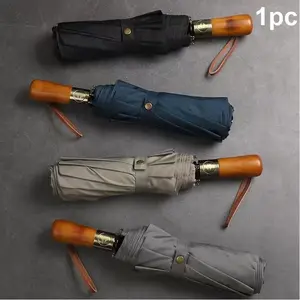 Premium Business Umbrella, Large Windproof Design, 24 Reinforced Ribs, Automatic Open-Close, Elegant Wooden Handle, Portable Vinyl Folding Umbrella, Rainproof Umbrella