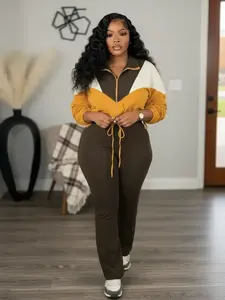 Women's Fall Winter Fitted Patchwork Sweatshirt & Pants Set, Long Sleeve Drawstring Design, Casual Fashion Two-Piece