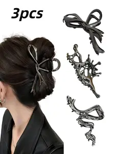 3pcs Gunmetal Bow Large Hair Claw Clip, Strong Hold Non-Slip Metal Hair Claw for Thick Hair, Elegant Hair Accessories for Women and Girls