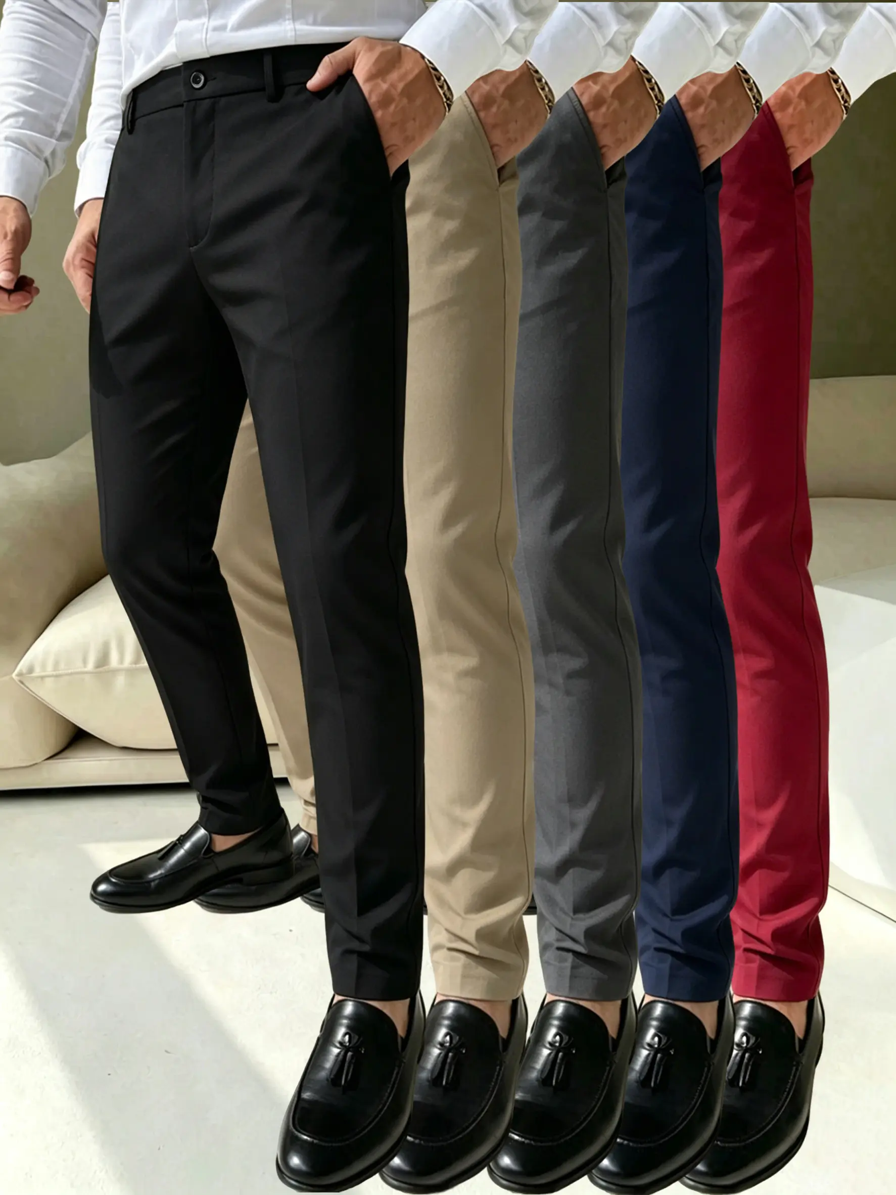 5-pack men’s business casual dress pants, slightly stretchy fabric, slim fit that flatters the figure, half elastic waistband, summervibes