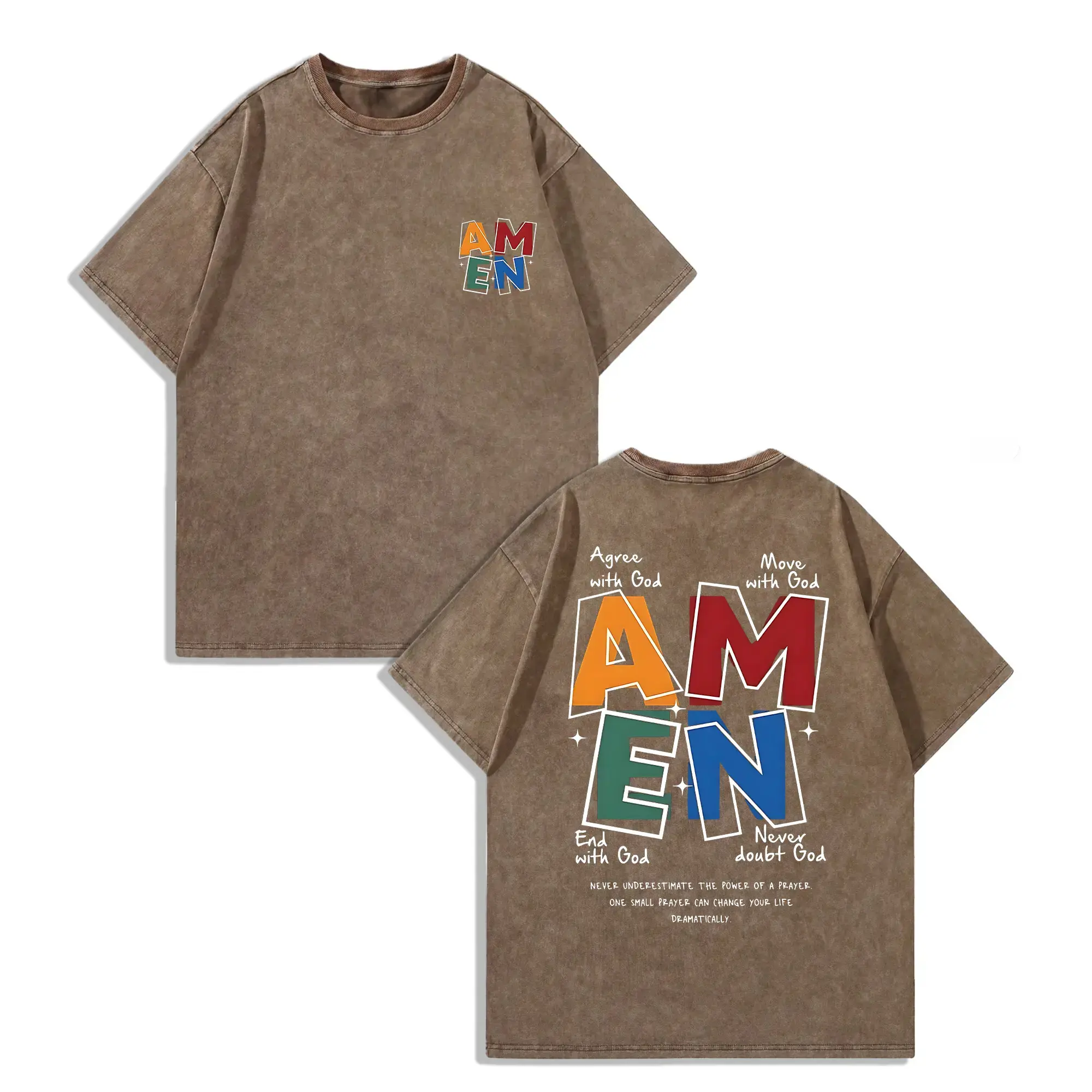 AMEN Classic Letter Header Short-Sleeve Round Neck T-Shirt for Men - 230g Washed Cotton, Vintage Distressed, Casual Fit, Shoulder Drop, Regular Sizes, Festive Faith Christian Patriotic Menswear Top (regular cotton option available)