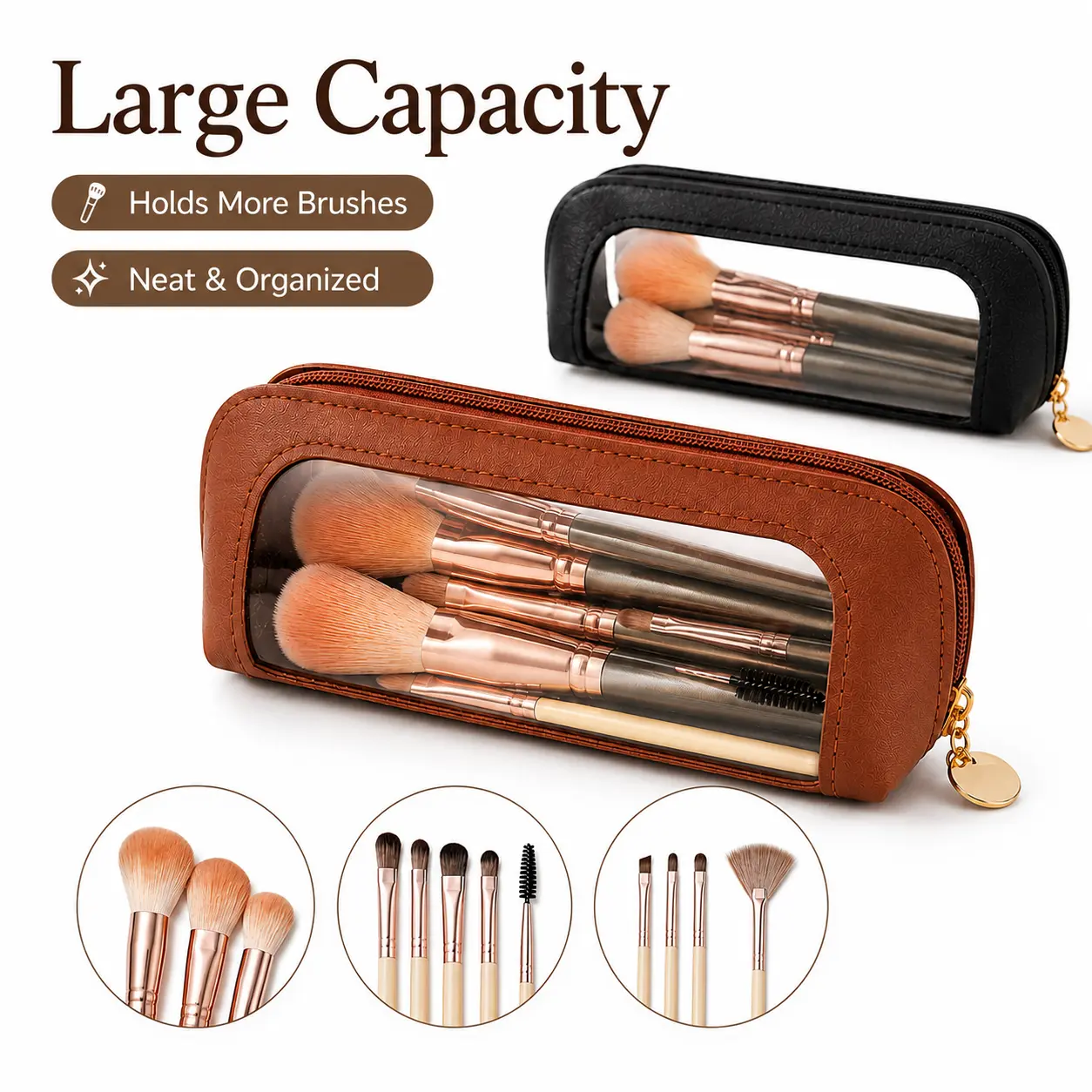 Small Clear Makeup Pouch, PU Leather Makeup Brush Bag Portable Travel Mini Cosmetic Bag Transparent Waterproof Organizer Pouch with Zipper for Women Home Travel Office Cosmetic Storage (Brown/black)