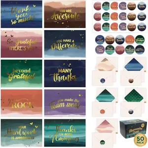 50 Pack Gold Foiled 6x4in Employee Appreciation Thank You Cards with Envelopes and Stickers, 10 Designs Folded Appreciation Cards for Coworker, Blank Inside - Promotion, Work Anniversary
