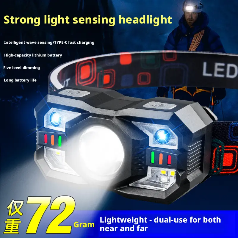 Induction Headlamp Strong Light Long Battery Life Multi-Functional Portable Headlamp Outdoor Waterproof Fishing Mini Small Headlamp