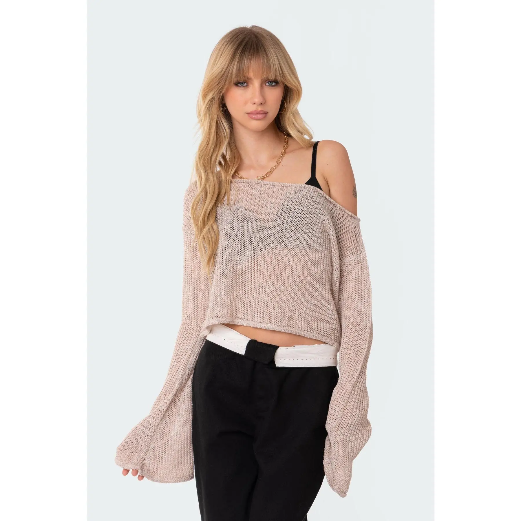 Emmie Off The Shoulder Sheer Knitted Top - TikTok Shop