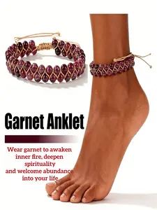 Natural Garnet Anklet & Bracelet, Hand-Woven Adjustable Red Crystal Healing Stone Jewelry, Inner Fire & Abundance Spiritual Accessory Gift for Women, Solstice Gemstone Anklet