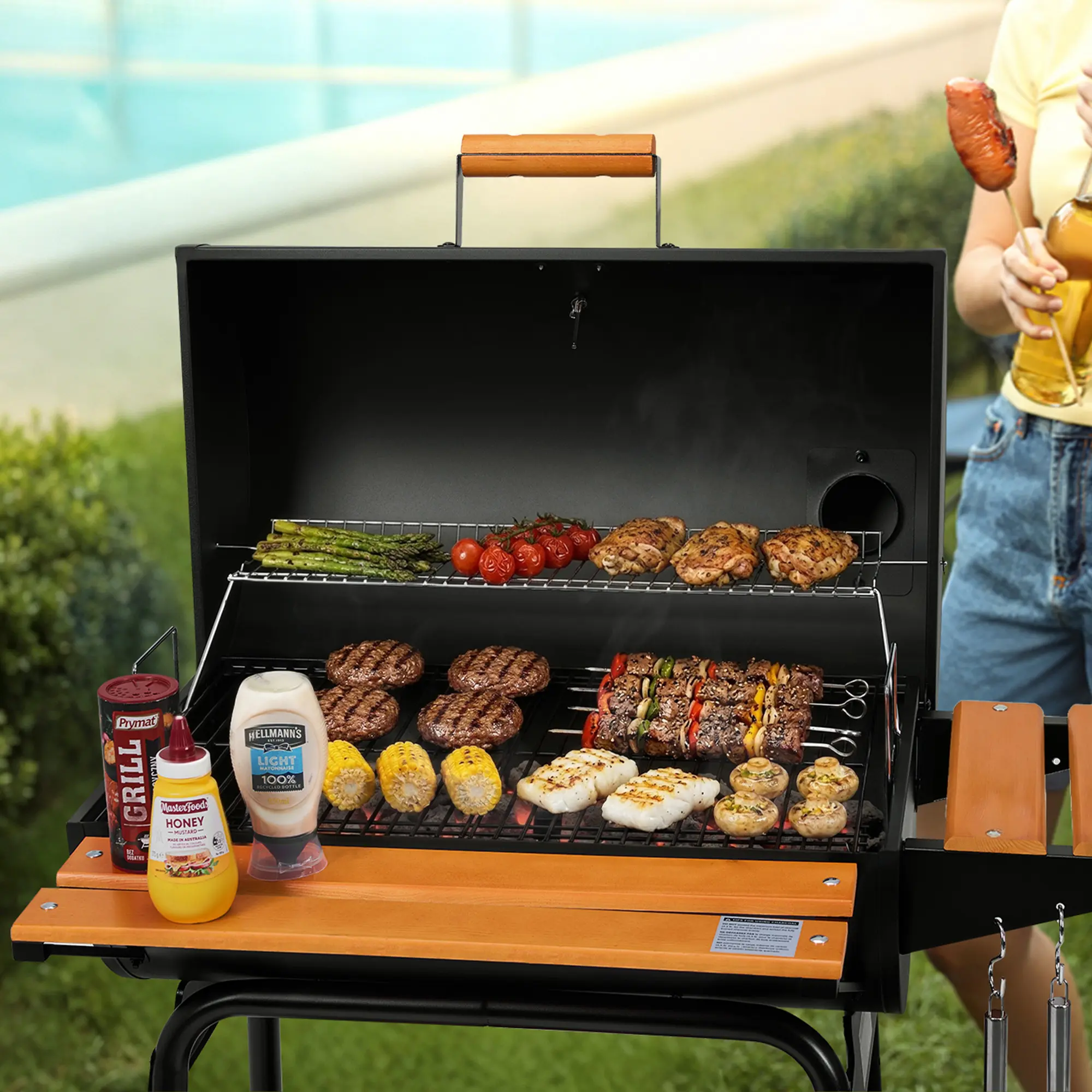 Royal Gourmet 30-Inch Barrel Charcoal Grill with Wood-Painted Side and Front Table, Barbecue Grill for Outdoor Picnic, Patio Backyard Cooking