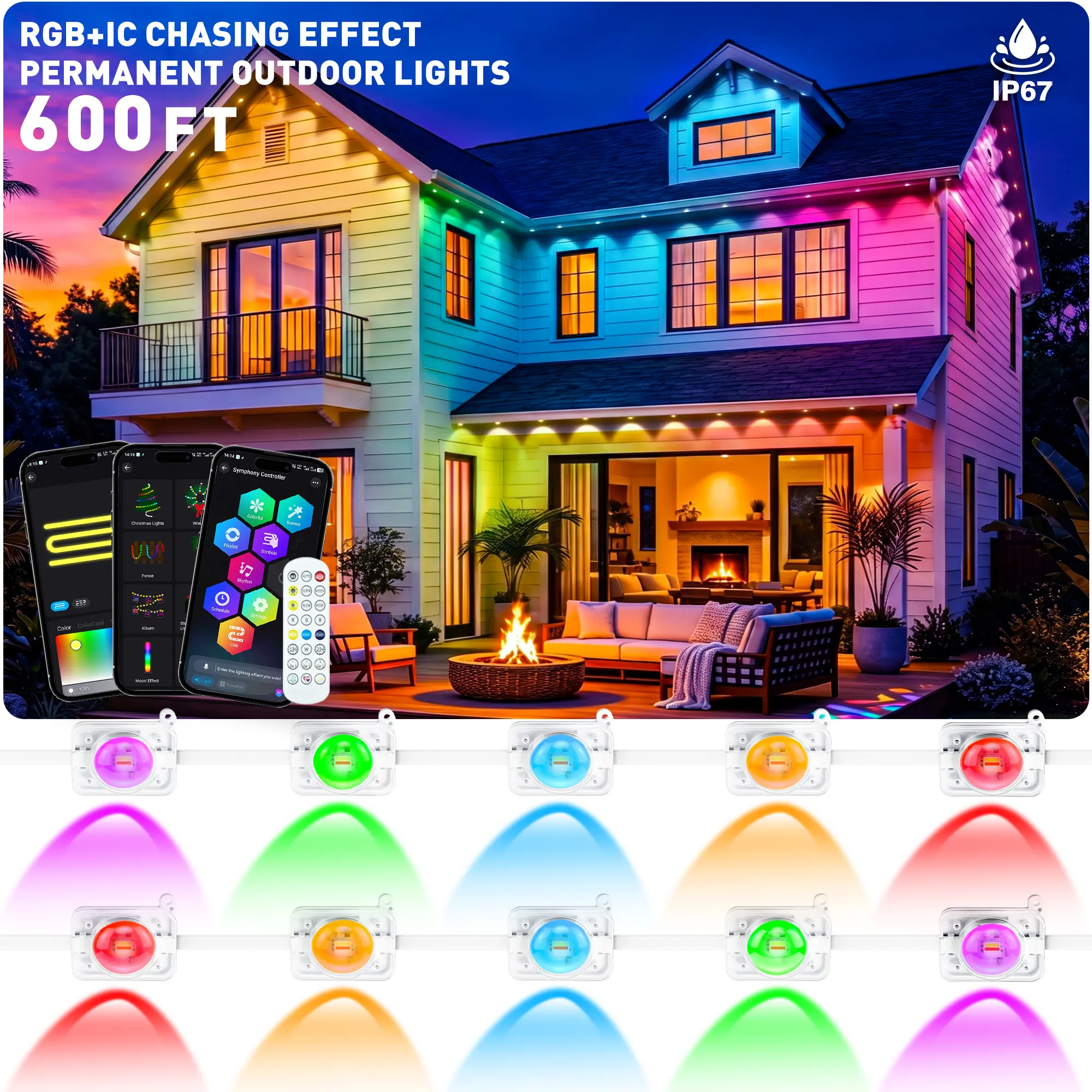AHRLHR Colorful Smart LED Eaves Lights - IP67 Weatherproof Outdoor LED Lights, AC Power Supply, App & Remote Control, DIY Scene Mode, Home Party Decor (TikTok Shop Back to School)