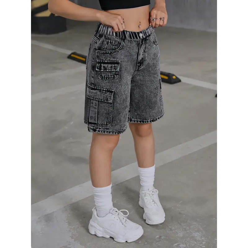 Girls' Loose-Fitting Jean Shorts - Elastic Waist Flex, Flap Pockets, Soft Comfortable Fabric, Suitable for Back-to-School & Outdoor Street Style, All-Season Kids' Bottoms