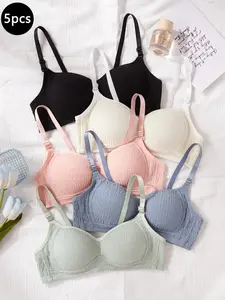5-Pack Basic Gathered Wireless Comfort Adjustable Breathable Women's Bras, Medium Support Plunging Design, All Seasons Unlined