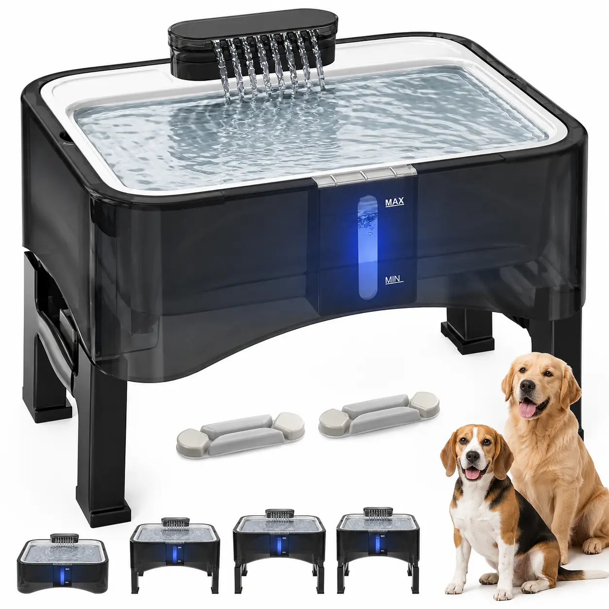 UPSKY 8.5L (2.25Gal) Elevated Resin Dog Water Fountain, 4 Adjustable Heights Pet Drinking Dispenser with 304 Stainless Steel Tray, Anti-Slip Design, Ultra-Quiet Pump, 2 Replacement Filters for Dogs & Cats, Easy Cleaning, Filtration, Floors Stay Drier, Lar
