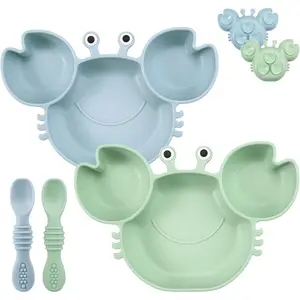2 Pack Silicone Suction Plate for Baby, Divided Unbreakable Toddler Food Plate with 2 Pack Spoons for Self Feeding, Toddler Utensils Feeding Set Baby Eating Supplies, Crab Shape -Blue&Green