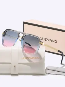 Linfemand Classic Vintage Dual Beam Fashion Couple Square Fashionable Sunglasses Uv400, Gradient Lenses, Cool Pattern with Metal Details