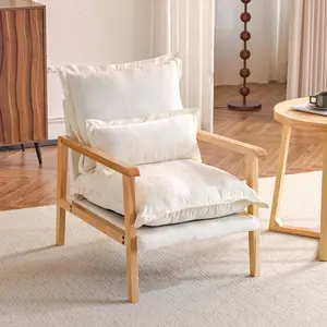 VINGLI Mid-Century Modern Cloud Accent Armchair with Lumbar Pillow, 6.3'' Thick Seat Cushion Comfortable Reading Chair with Wooden Armrests,Boho Lounge Chair for Bedroom, Living Room, Chenille, Beige