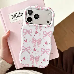 Preppy Pink Bow Coquette Phone Case ,Cute Wavy Curved Edge Glossy Protective Shockproof Rugged Cover, Dual Layer Soft TPU Bumper Hard Shell Design for iPhone 11 12 13 14 15 16 17 Pro Max Air, Girly Heart & Polka Dot