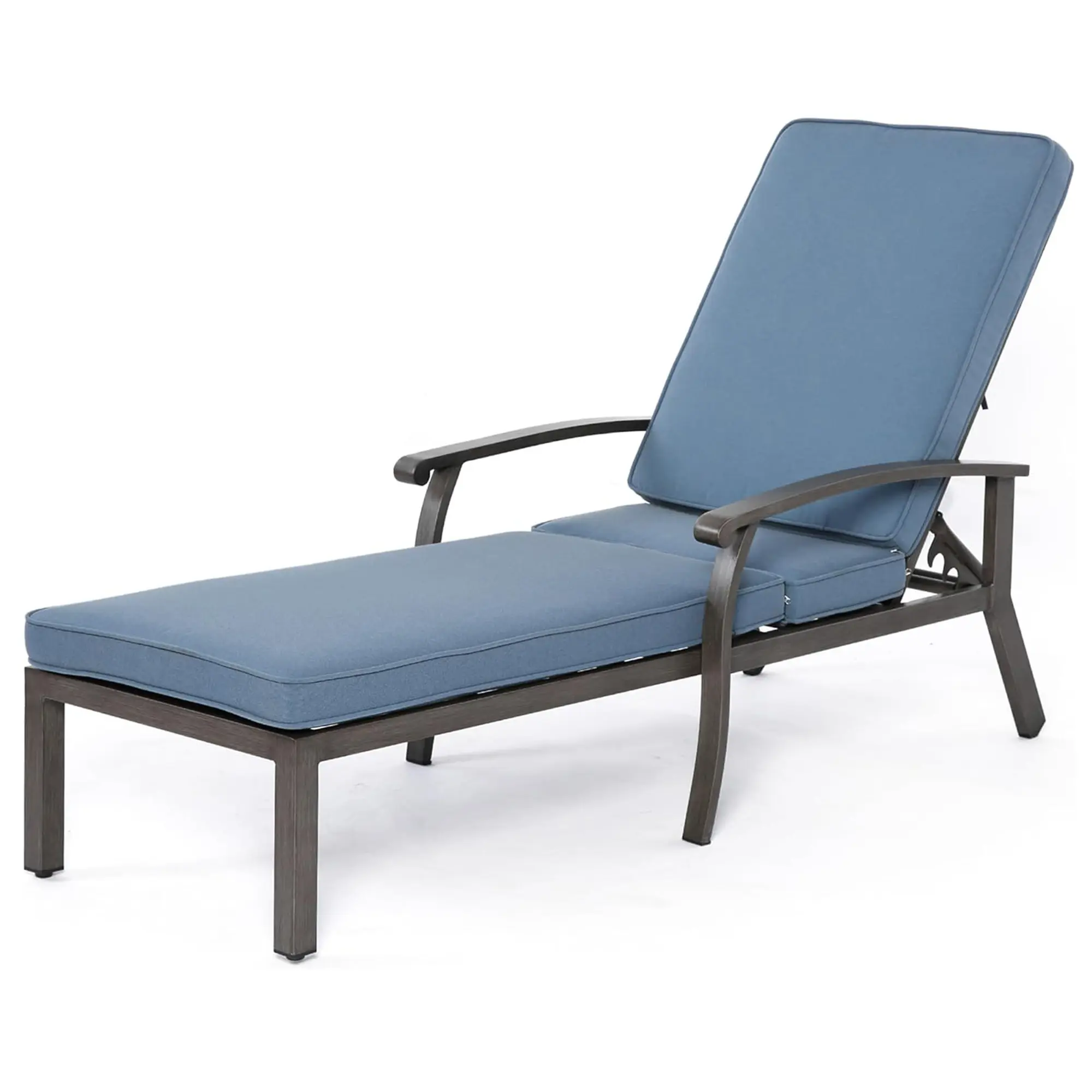 Outdoor Recliner Chair, Hand-Brushed Wood Grain Cast Aluminum Chaise Lounge with Fixed Arms, 5-Position Adjustable Backrest, Waterproof Padded Cushion, Rolling Wheels for Patio, Poolside, Blue