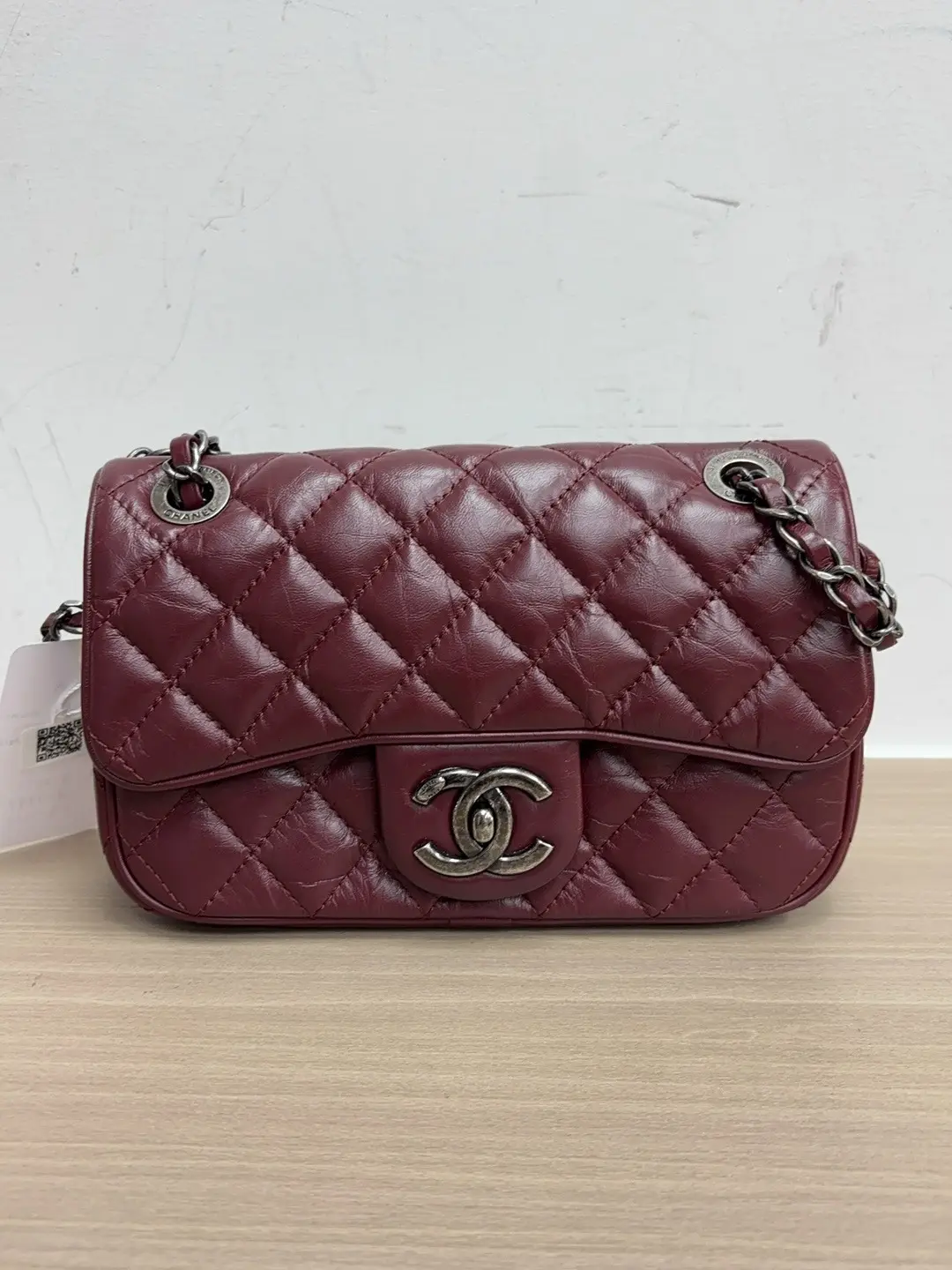 Pre-owned CHANEL Coco Easy Flap Bag, Bombay Collection, Burgundy Crinkled Calfskin, Aged Silver Hardware BF ys2106x