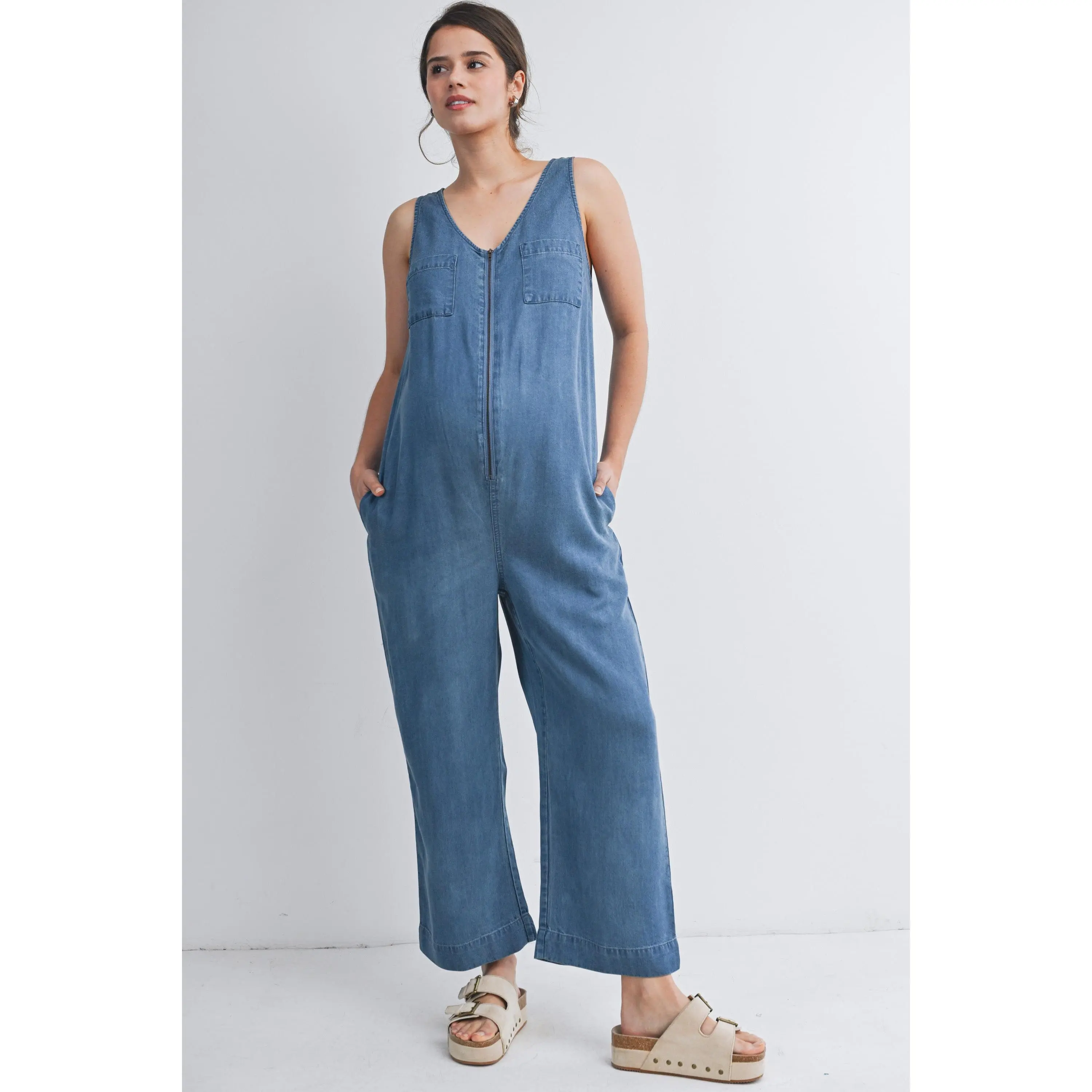 Sleeveless Front Zip Maternity Jumpsuit Nursing Friendly