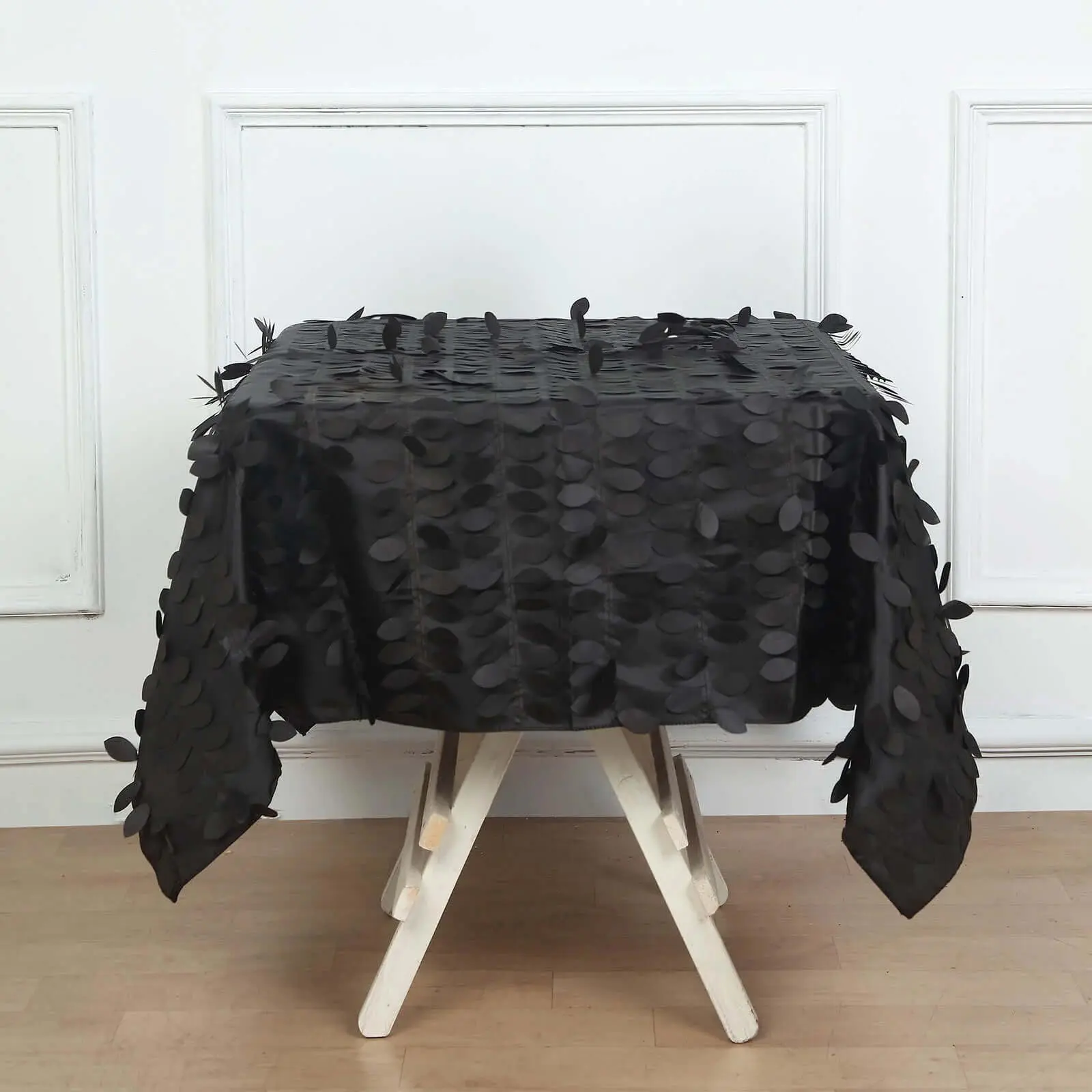 Black Taffeta Square Tablecloth, 54"x54" - 3D Leaf Petal Design for Wedding Reception, Banquet Hall, Festive Upscale Event & Party Decorations