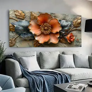 Large framed floral canvas art, vibrant orange flowers with blue and peach accents, modern wall decor for living room and bedroom, living room decor |   art canvas print |   textured painting, canvas wall art