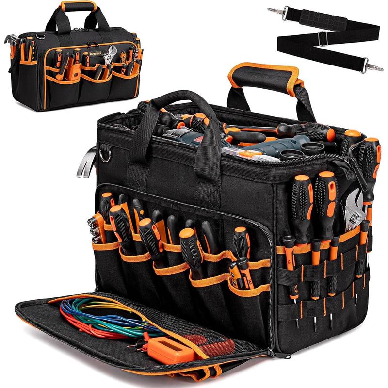 17-Inch Electrician Tool Bags for Men, 46-Pocket Heavy Duty Tool Bag, Foldable Hvac Tool Bag Organizer with Wide Mouth & Adjustable  Strap for Electricians Mechanics Craftsman Contractor