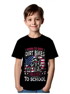 ' Dirt Motorcycle T-Shirt - Born to Ride Design with Rider & Graphic, Flag & Dirt Bikes Slogan, Breathable Round Neck Short Sleeve Tee for Kids, & Outdoor Activities (Machine Washable) -