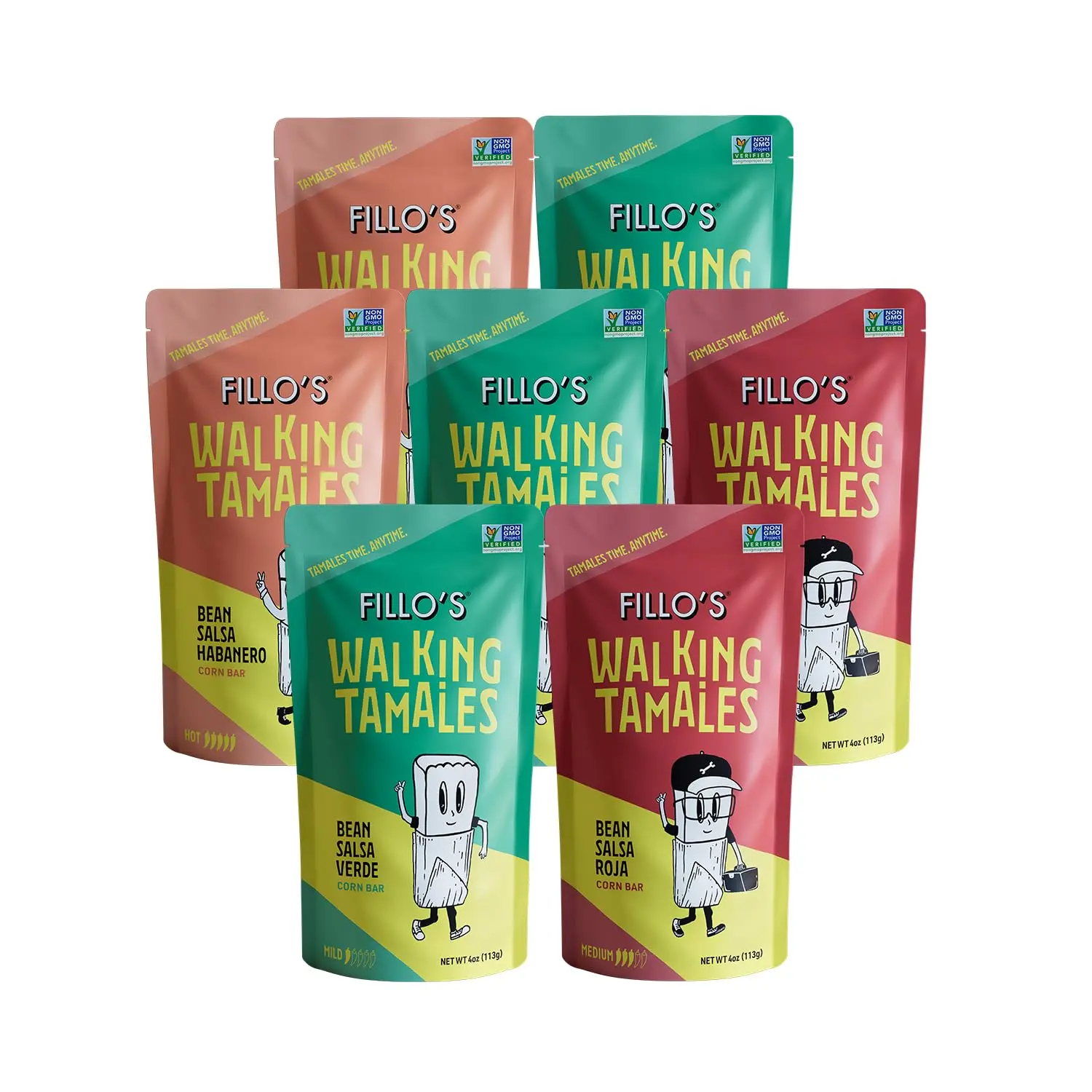 Fillo's Tamales Variety Pack 7 Pack Ready to Eat Mexican Tamales Shelf Stable Microwave Meal Gluten Free Vegan Non GMO Salsa Verde Roja Habanero