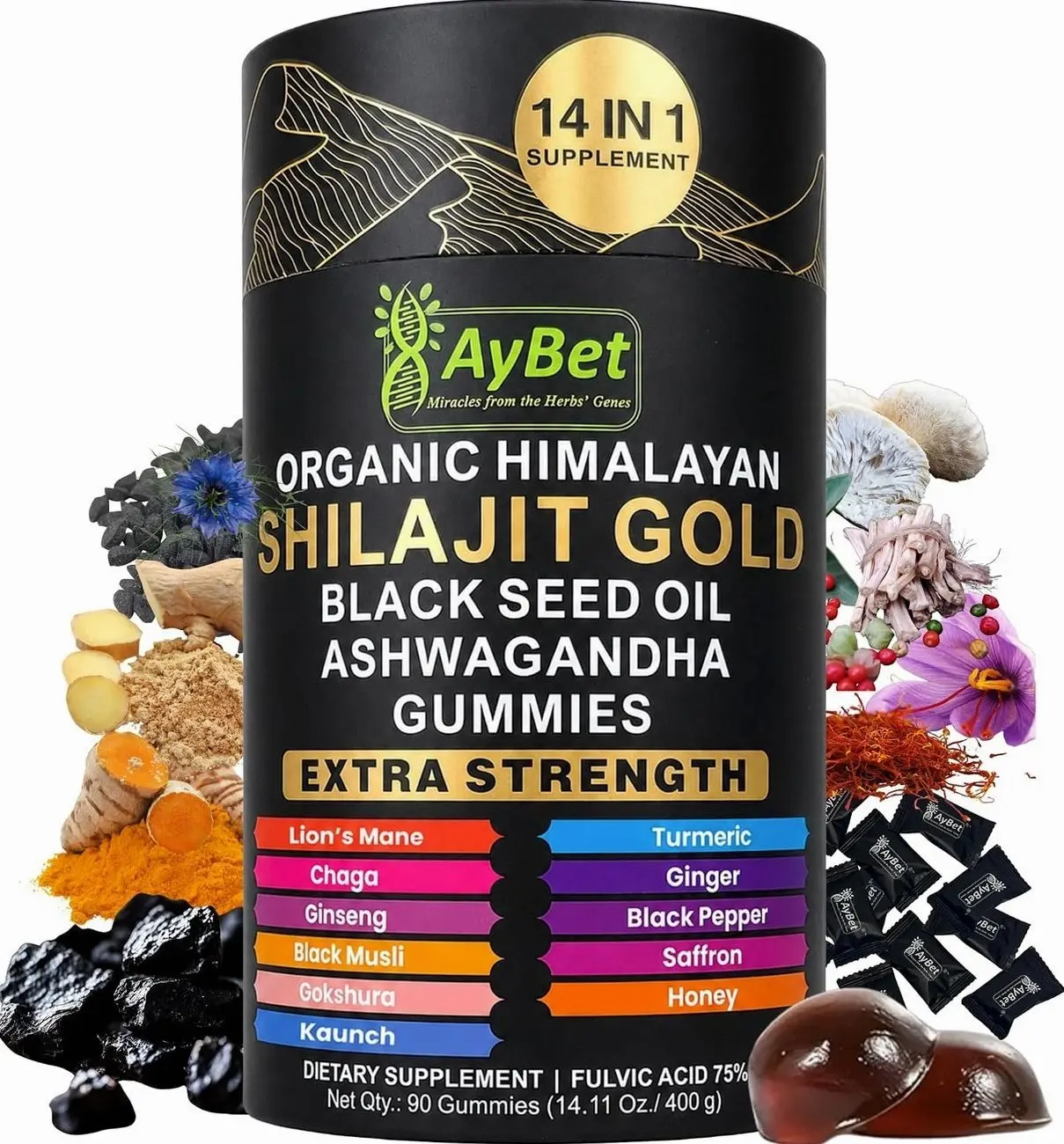 Organic Himalayan Shilajit Gold Gummies for Men and Women, Black Seed Oil, Ashwagandha, Ginseng, Turmeric, Gokshura, Lion's Mane, Lab Tested, No Sugar Added, Halal, 90Gummy