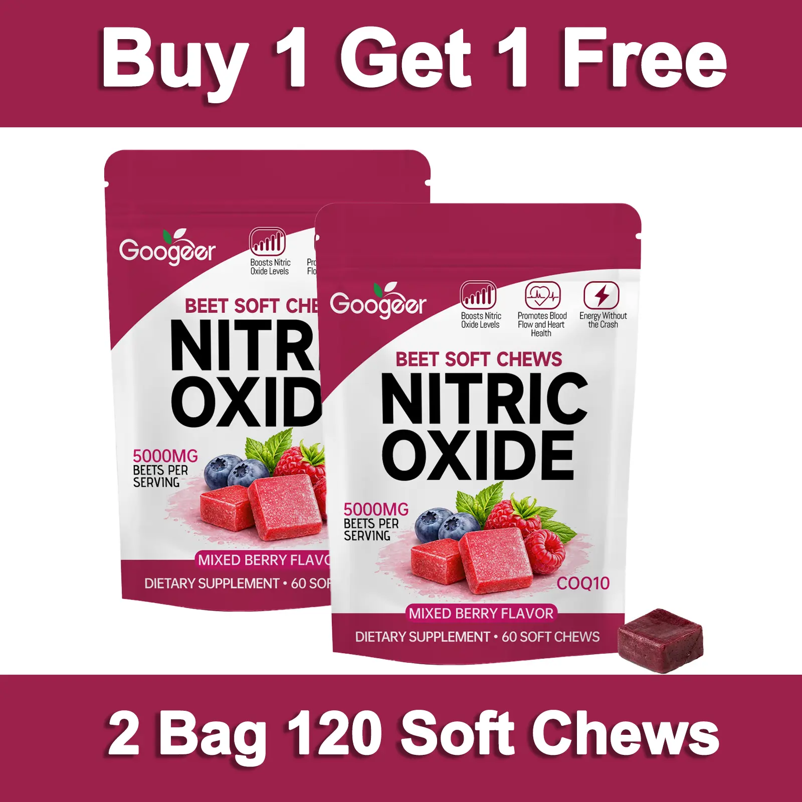 （Buy 1 Get 1 Free） Super Beets Heart Chews - Nitric Oxide Supplement for Blood Pressure &Cardiovascular Support, Plant-Based Antioxidants,Pomegranate Berry Flavor, 1 Bag/60 Count Nutrition Benefits Fitness Edible