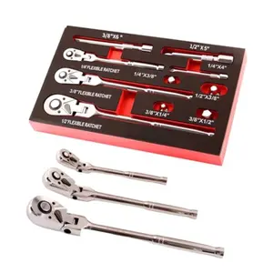 10-Piece Elastic Head Ratchet Wrench Set, 1/4 3/8 1/2 Inch Drive, Extension Rod & 4 Adapters, 72-Tooth Flexible Wrench, Long Handle