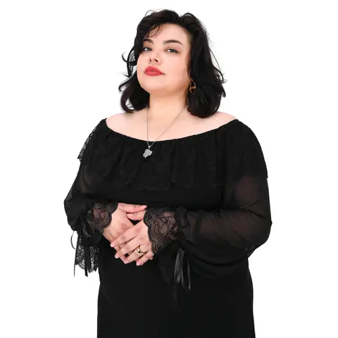 Foxblood Shop Women's Greta Off-Shoulder Long-Sleeve Black Fashionable Blouse - Soft Polyester-Rayon-Spandex Satin-Mesh Fabric, Lace Tops, Boho Lace Blouse, Alt Clothing Women, Off Shoulder Tops