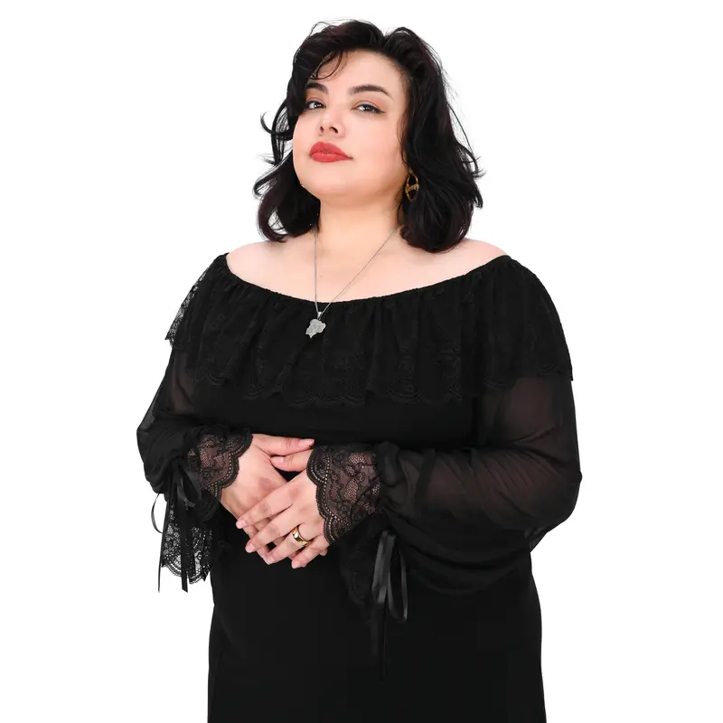Foxblood Shop Women's Greta Off-Shoulder Long-Sleeve Black Fashionable Blouse - Soft Polyester-Rayon-Spandex Satin-Mesh Fabric, Lace Tops, Boho Lace Blouse, Alt Clothing Women, Off Shoulder Tops