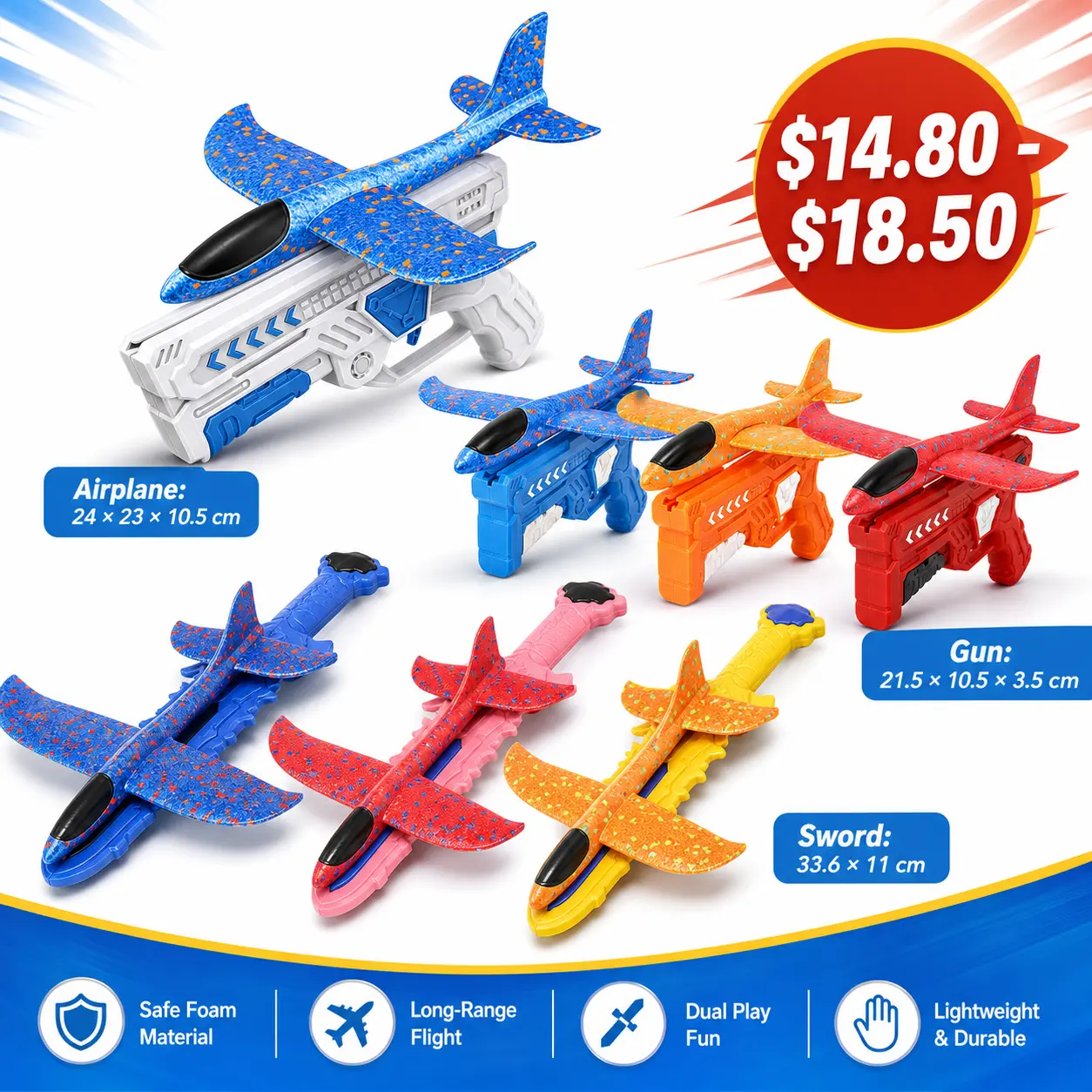 Foam Glider Airplane Launcher Toy for Kids 9.45-inch Airplane with 2 Flight Modes Outdoor Flying Fun Gift for Boys and Girls Ages 4-12 1 Blue Launcher Contains 3 Airplane Toys
