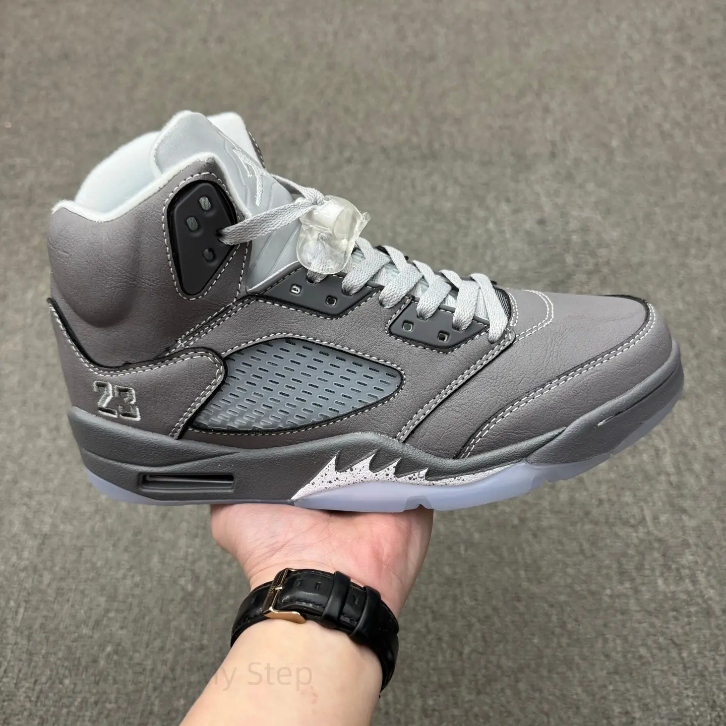 Tonal Dark Grey Full Grain Leather High Top Basketball Sneakers, Light Grey Inner Collar Breathable Mesh Window Transparent Clear Outsole Shock Absorbing Air Cushion Retro Neutral Tone Daily Street Footwear