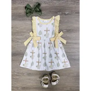 He Lives Jesus Cross Yellow Bow Ruffle Trim Girls or Toddler Size Easter Religious Church Dress